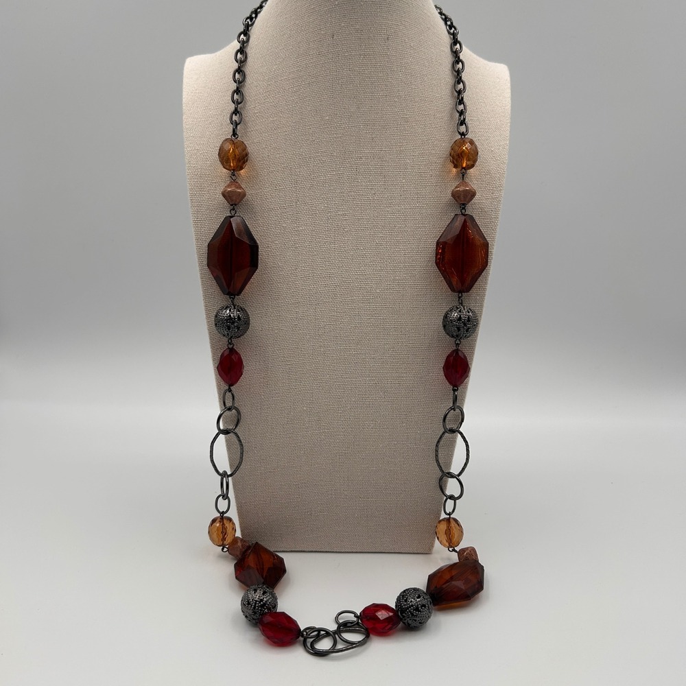 Long Beaded Statement Necklace Amber Red Bronze Gunmetal Chain Boho Chunky Mixed